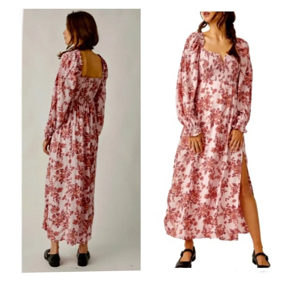 FREE People Jaymes Floral Print Square Neck Long Sleeves Midi Dress Sz M NWT